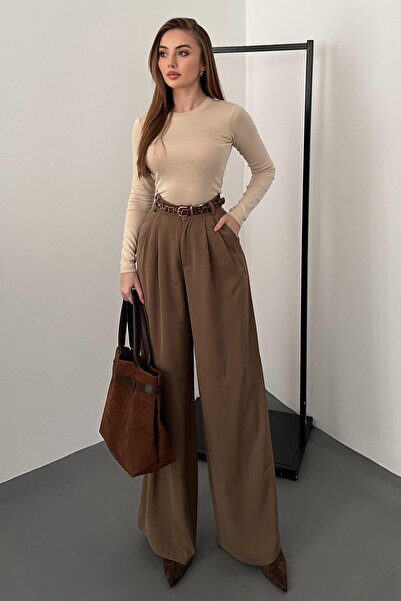 Elbee Fashion Woman Brown Pleated Comfort Pants