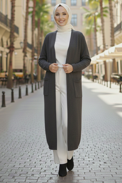 benguen Long Knit Cardigan with Pockets R7145 Anthracite