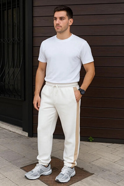 GökTR Men's Three Thread Winter Cotton Side Trim Thick Beige Striped Pocket Sweatpants - White