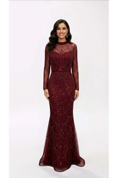 GÜZELLER Long Sleeve Sequin Beaded Request Promise Engagement Wedding Dress Evening Gown