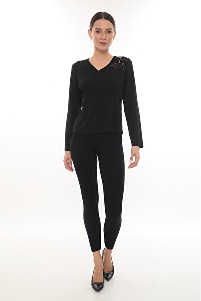 etselements Lace Detailed V-Neck Long Sleeve Blouse Dress