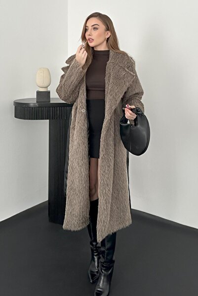 Elbee Fashion Woman Gray leopard detailed leather belted coat