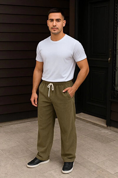 GökTR Men's Corded Fabric Velvet Pocket Buggy Trousers Oversized Comfortable Fit - Khaki