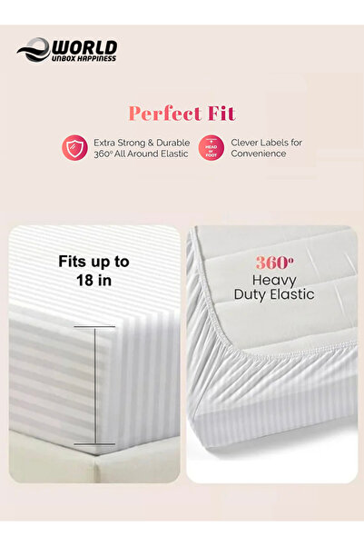 Eworld Queen Size Striped Microfiber Fitted Bedsheet, Deep Pocket, Breathable & Washable