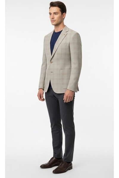 SÜVARİ Slim Fit Square Patterned Textured Beige Single Jacket