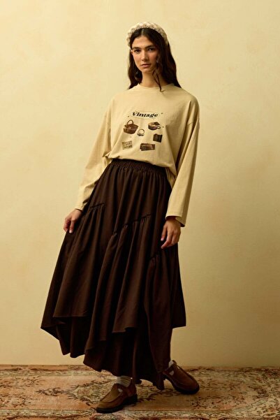 Ceylan Otantik Beige Vintage Printed Basic Body & Bitter Brown Polyviscon Bohemian Floor Skirt Set