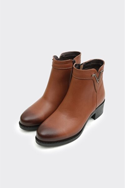 derinet Hakiki Deri Kısa Topuk Fermuarlı Kadın Bot