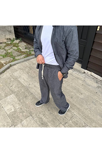 GökTR Men's Corded Fabric Velvet Pocket Buggy Trousers Oversized Comfortable Fit - Smoked