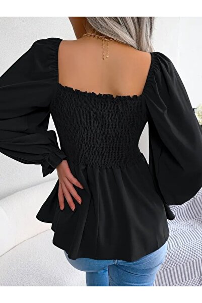 JARDİN ALLURE Women's Long Sleeve Geometric Neckline Gipe Detailed Crepe Blouse