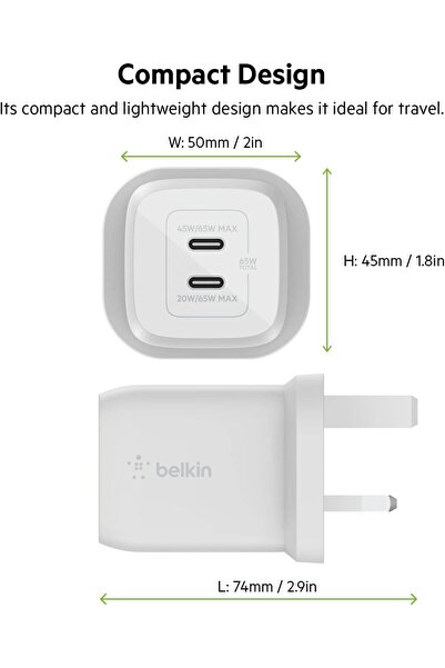 Belkin 65W Dual USB-C Wall Charger, PD 3.0 GaN Fast Charging, White