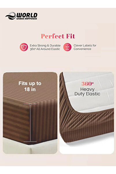 Eworld Queen Size Striped Microfiber Fitted Bedsheet, Deep Pocket, Breathable & Washable