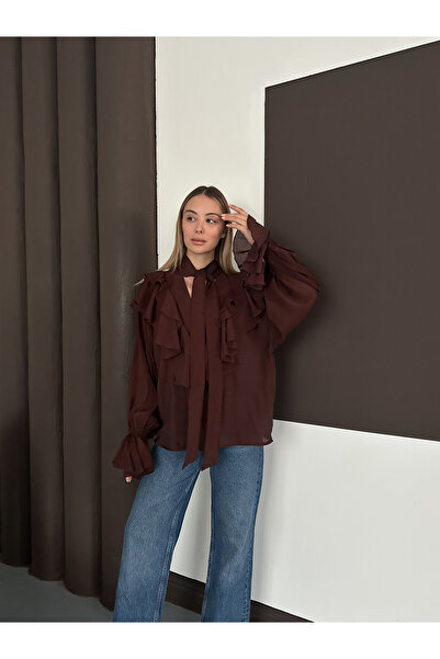 MODAMERSİ Γυναικεία καφέ μπλούζα με κορδόνια με βολάν