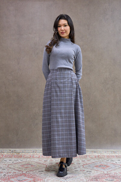 KÜÇÜĞÜM BUTİK Gray Striped Double Pleated Plaid Skirt