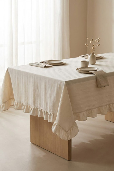 YUNUSOĞLU HOME Ruffled Cream Cotton Stripe Pattern Tablecloth – Stylish and Elegant Design