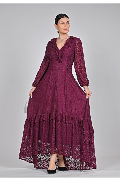 Opera Fashion فستان سهرة ناعم دانتيل لون برغندي