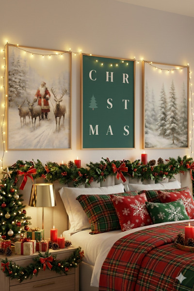 Wooden Factory New Year Themed 3 Piece Framed Painting Set, New Year Themed Wall Decoration