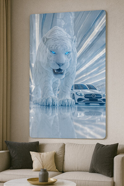BLT DİZAYN White Tiger and Car Concept Glass Painting
