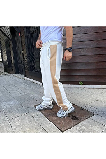 GökTR Men's Three Thread Winter Cotton Side Trim Thick Beige Striped Pocket Sweatpants - White