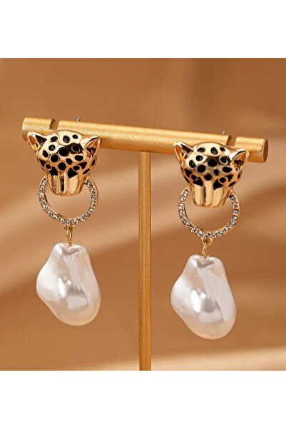 sarıyer silver أقراط نسائية من الفولاذ على شكل ليوبارد مرصعة باللؤلؤ أنيقة وع...