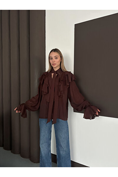 LE CARAMBOLE Women's Brown Collar Tie-Up Ruffle Blouse