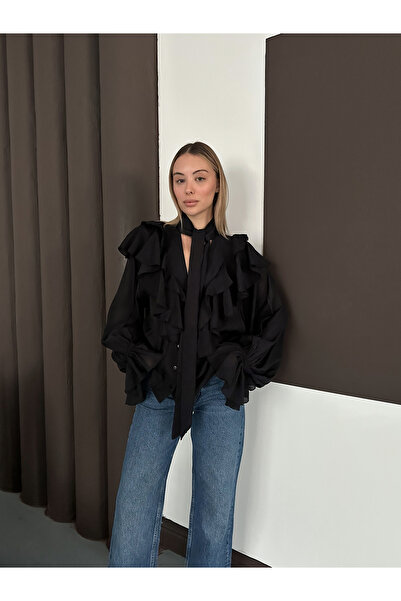 MODAMERSİ Women's Black Collar Tie Ruffle Blouse
