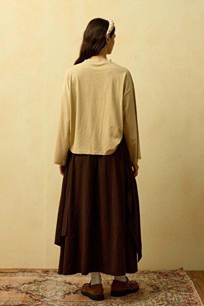 Ceylan Otantik Beige Vintage Printed Basic Body & Bitter Brown Polyviscon Bohemian Floor Skirt Set