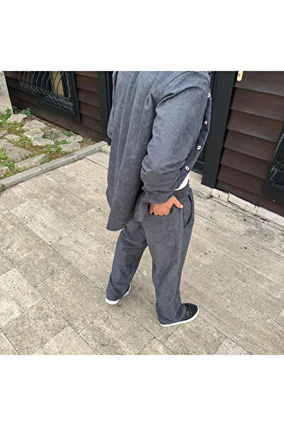 GökTR Men's Corded Fabric Velvet Pocket Buggy Trousers Oversized Comfortable Fit - Smoked