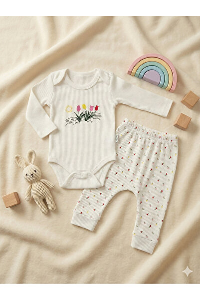 Nayinom %100 Pamuklu Lale Desenli Fitilli Yumuşak 2'li Bebek Takımı (Zıbın ve...