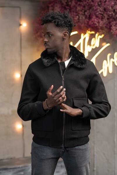 AKÇAYLAR Slimfit Fur Collar Fixed Collar Elastic Waist Lined Cashmere Coat