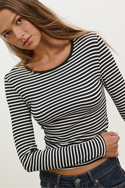 VODENS Black Striped 100% Cotton Crew Neck Long Sleeve Blouse