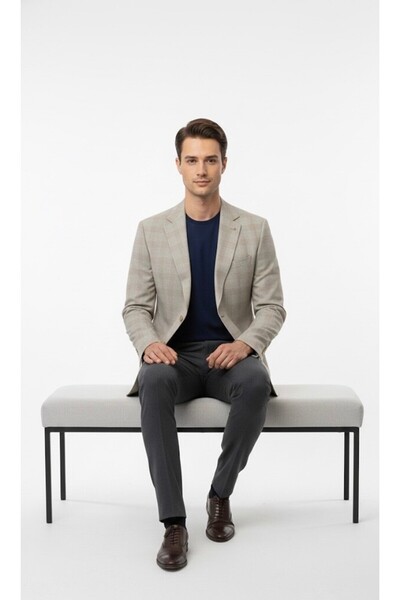 SÜVARİ Slim Fit Square Patterned Textured Beige Single Jacket
