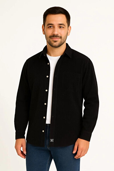 GökTR Men's Corded Fabric Velvet Pocket Shirt Oversized Comfortable Fit - Black