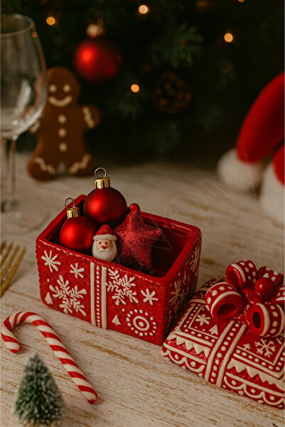 NEWNOW Yılbaşı Temalı Kırmızı Şekerlik – Hediye Kutulu Kar Desenli Dekoratif ...