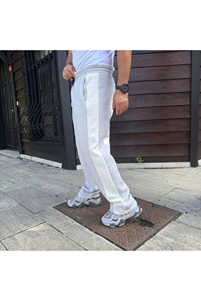 GökTR Men's Three Thread Winter Cotton Side Trim Thick Beige Striped Pocket Sweatpants - Gray