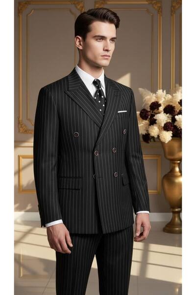 Salihtarzz Takım Elbise SlimFit Çizgili Siyah Kruvaze Premium SD42294