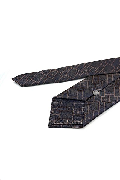 Kravatkolik Coffee - Navy Blue Square Pattern Classic Tie with Handkerchief Kk13334