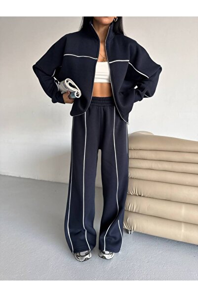 VESS MODA Women's Compak Combed Cotton 3-Thread Inner Ş Fleece-Lined Intermediate B Piped Double Tracksuit Set