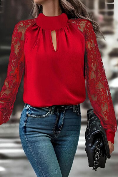 dk denemekabini بلوزة نسائية بأكمام طويلة وتفاصيل نافذة على الصدر وياقة وأكمام عالية من التول - أحمر