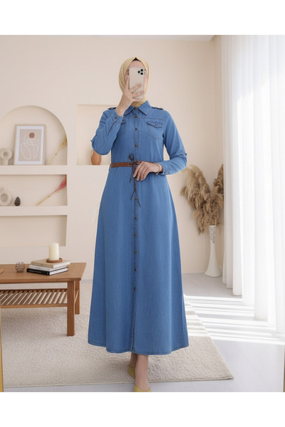 Modamorfo Modré džínsové šaty – s gombíkmi a opaskom