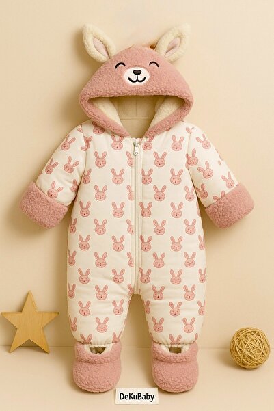 DeKuBaby Sevimli Tavşan Desenli Kulaklı-Kapüşonlu Welsoft Fermuarlı Bebek-Çoc...
