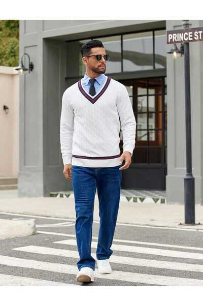 youknitwear you Alex 100% Cotton V-Neck Knit Sweater