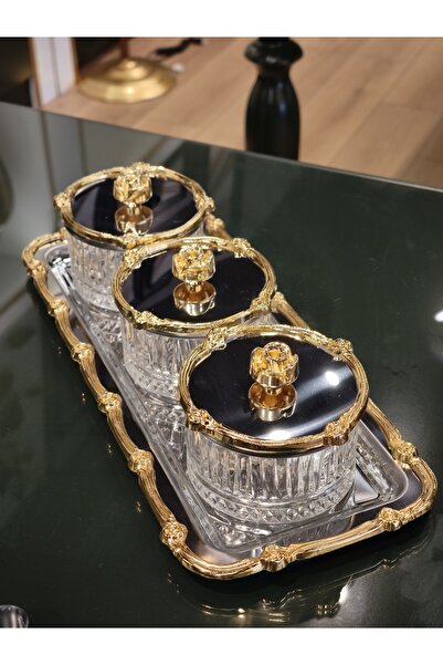 P&ORA PREMIUM KITCHEN PRODUCTS New Rose-Detail Gold Silver 3-Piece Set, with Tray, for Juice, Jam, and Snacks