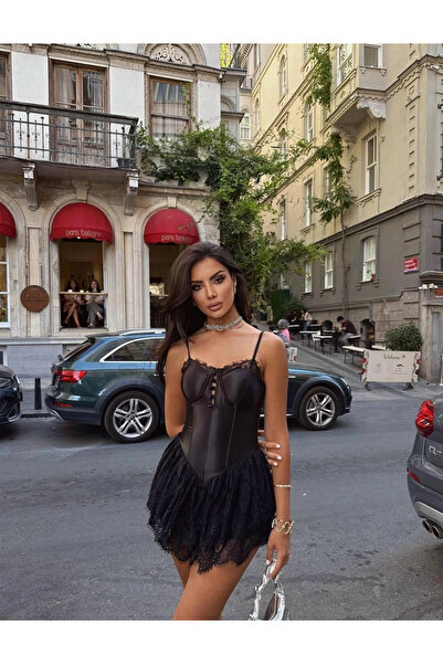 Bak Moda Lace Detailed Satin Corset Mini Suspender Black Shorts Skirt Dress