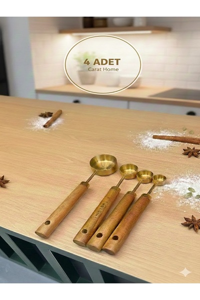 Tasarım Evi 4 Adet Gold Paslanmaz Çelik Ahşap Saplı Ölçü Kaşığı Seti Ölçü Kabı 1.25ml 2.5ml 5ml 15ml