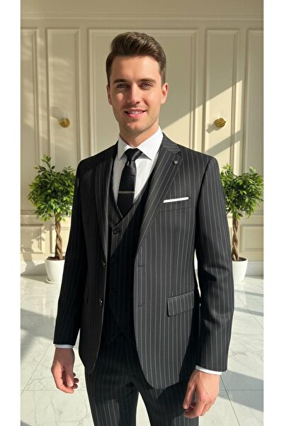 Salihtarzz Takım Elbise Çizgili Yelekli Battal Büyük Beden Siyah SD42274