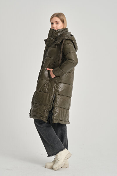 della moor Women's Detachable Hooded Side Zipper Long Coat