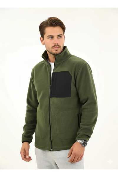 fh fashionhere Men's Full Zip Khaki Fleece Jacket with 3 Front Pockets and Pocket Detail