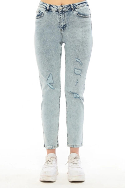 Lexsina Women's Light Blue Laser Detailed High Waist Boyfriend Jeans