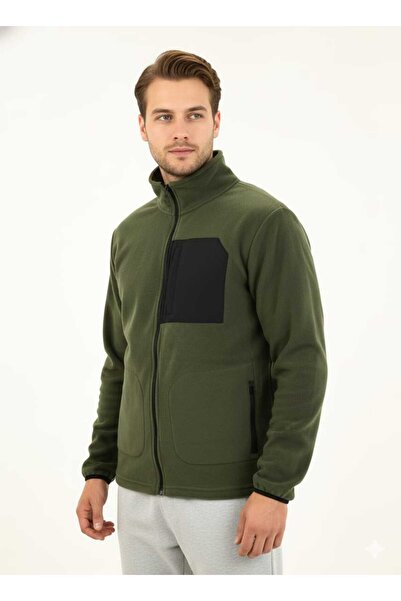 fh fashionhere Men's Full Zip Khaki Fleece Jacket with 3 Front Pockets and Pocket Detail