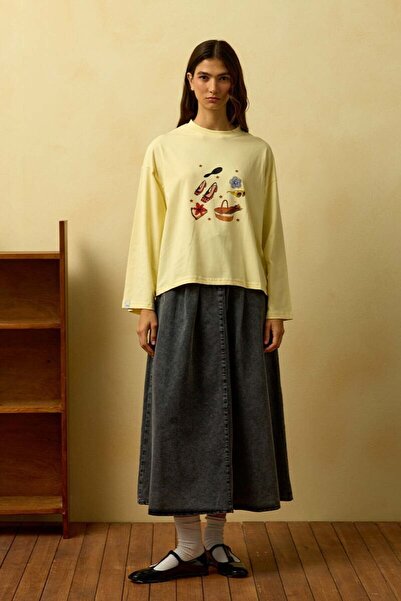 Ceylan Otantik Butter Yellow Basket Printed Basic Body & Anthracite Denim Single Button Skirt Set